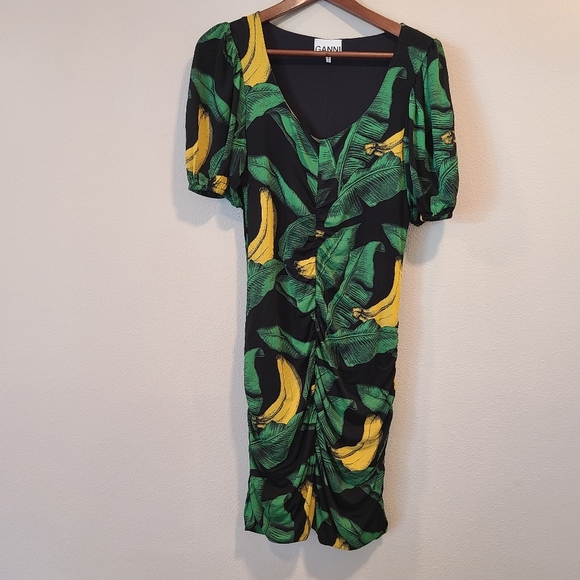 Ganni Banana Print Ruched Mini Dress - Picture 4 of 10